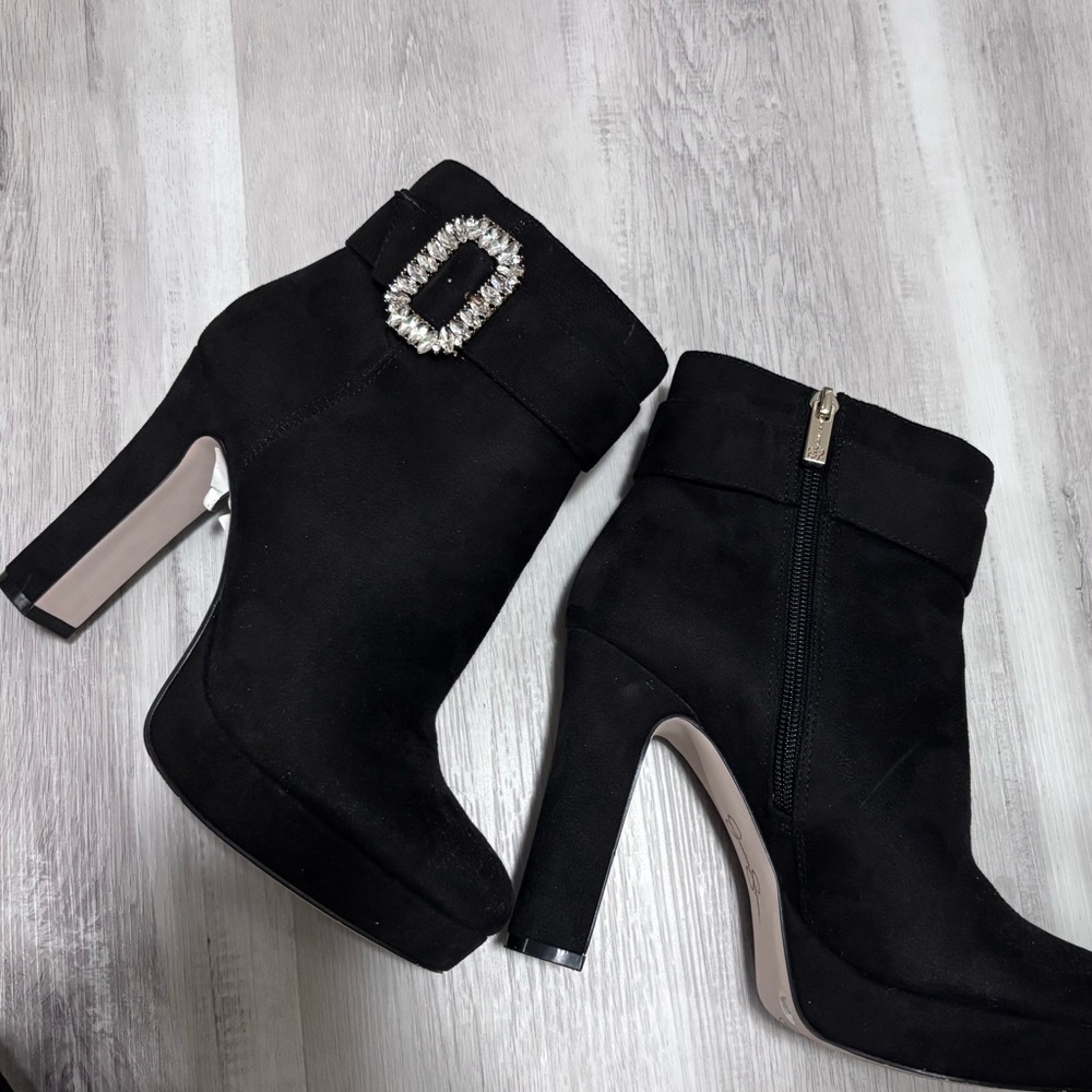 Jessica Simpson Black Heeled Boots with Rhinestone Buckle